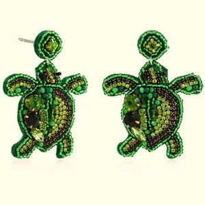 Green Turtle Ocean Beaded Crystal Drop Earrings - used once